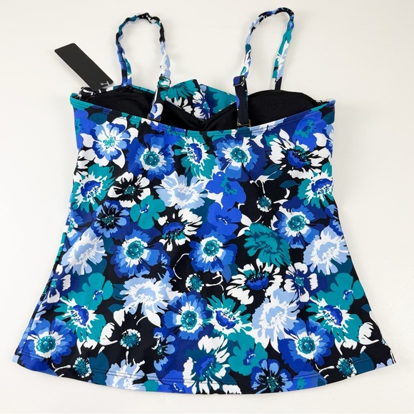 Island Escape Tankini Bikini Top Womens 8 Black Blue Multi Floral Swim NWT - Picture 2 of 9
